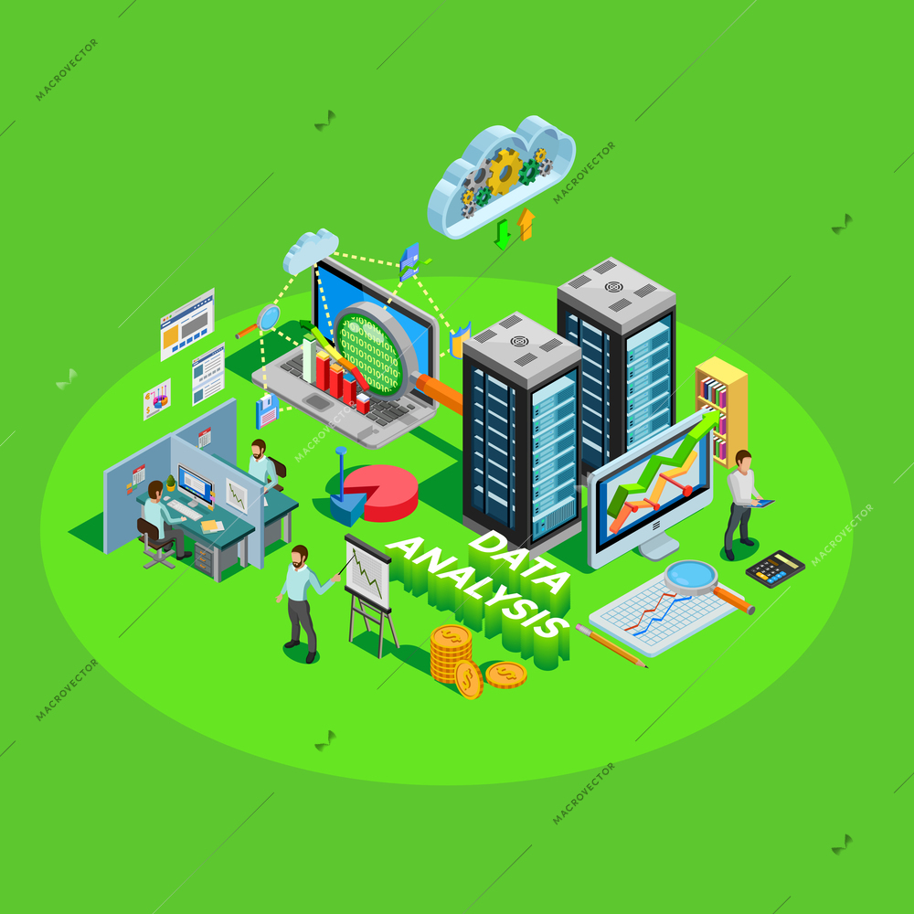 Data analytics conceptual isometric poster with access storage distribution and information analysis for successful business results vector illustration