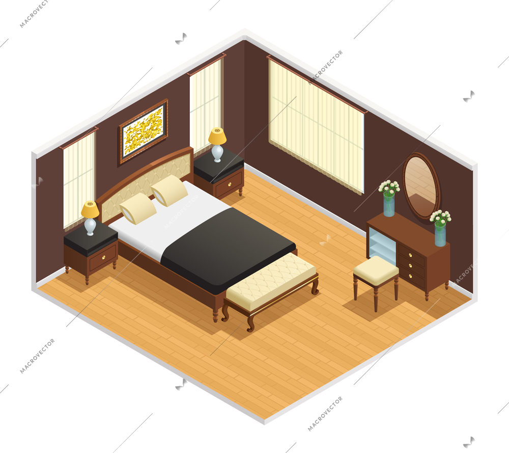 Isometric luxury interior for bedroom with double bed bedside tables and decorations vector illustration