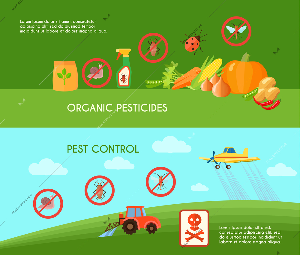 Pest control horizontal banners set with organic pesticides symbols flat isolated vector illustration