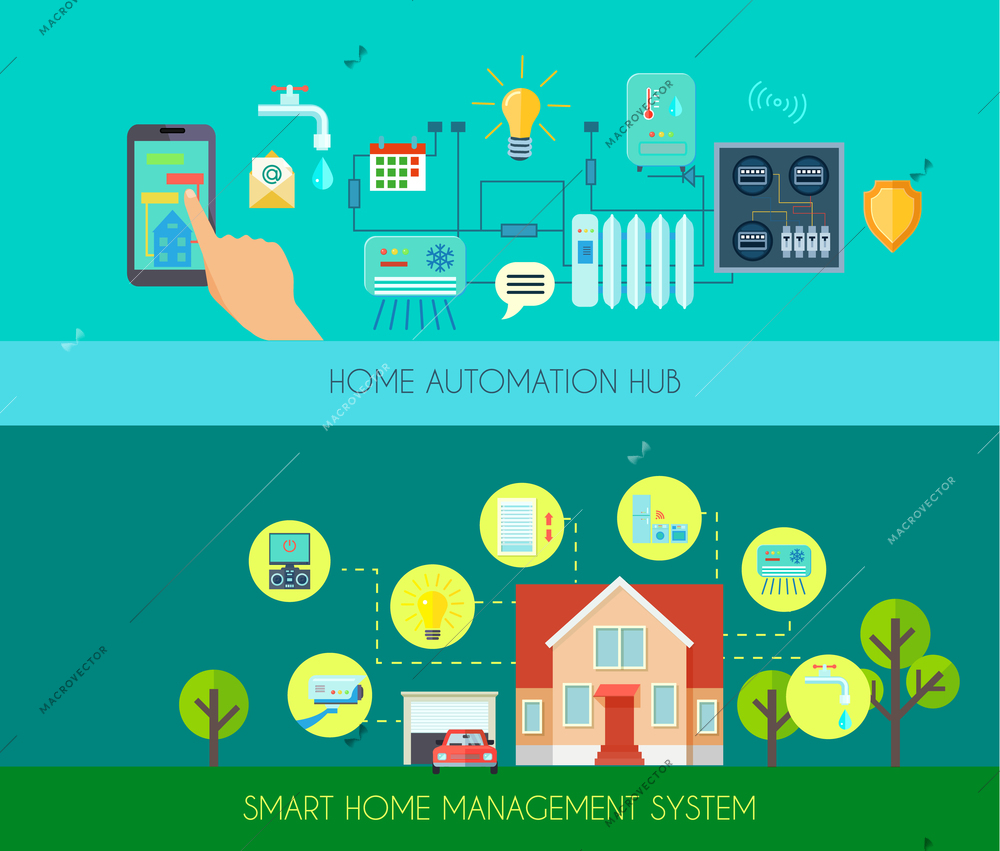 Smart home horizontal banners set with home automation hub symbols flat isolated vector illustration
