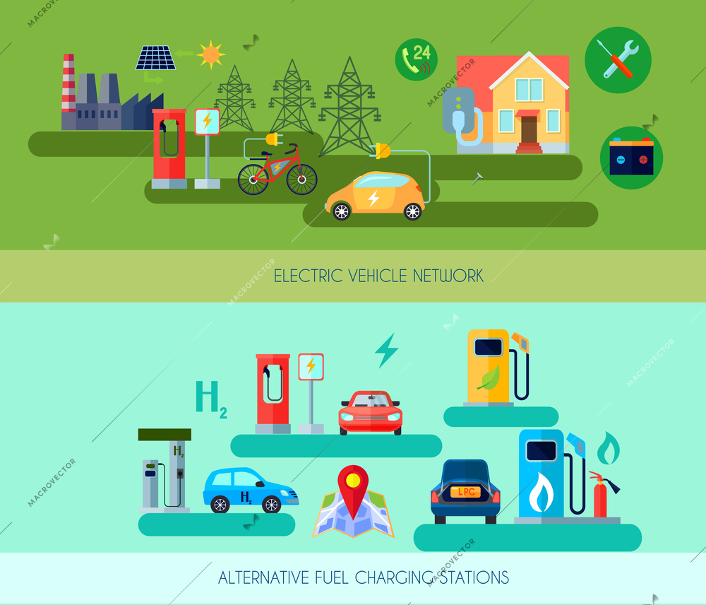 Alternative energy vehicles horizontal banners set with electric car symbols flat isolated vector illustration