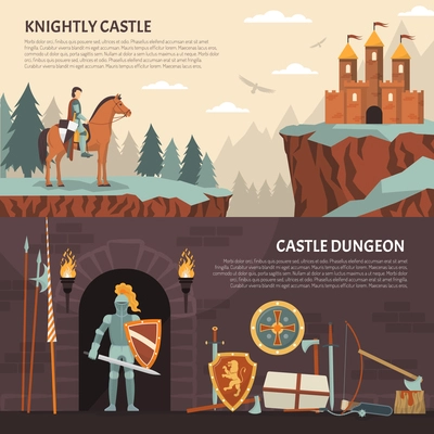 Medieval knight horizontal banners with knightly castle and castle dungeon decorative compositions flat vector illustration