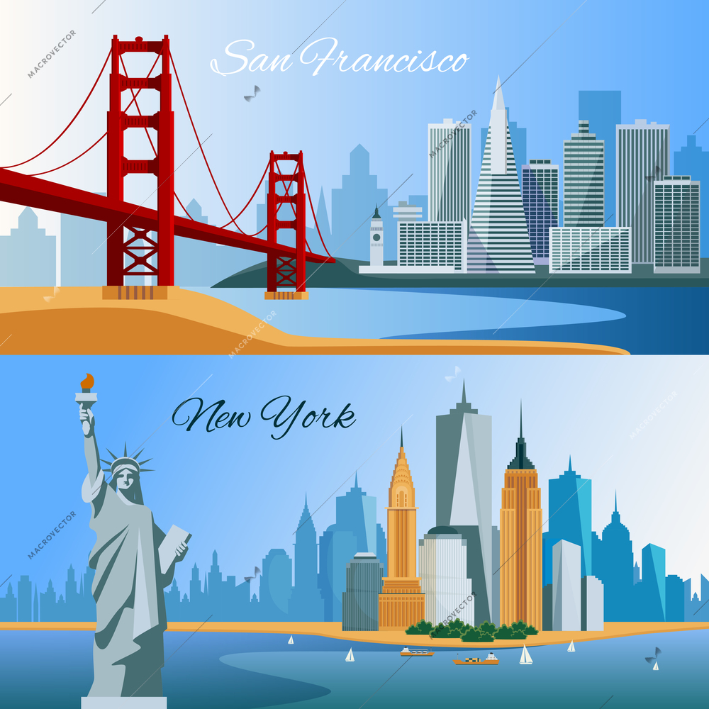 Usa horizontal flat banners with san francisco and new yourk cityscapes composition isolated vector illustration