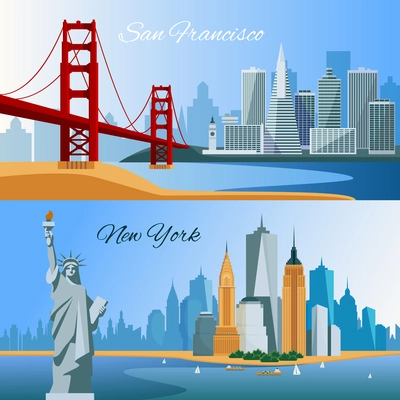 Usa horizontal flat banners with san francisco and new yourk cityscapes composition isolated vector illustration