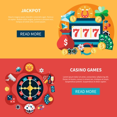 Casino horizontal banners set with jackpot pockie dice roulette games flat illustration