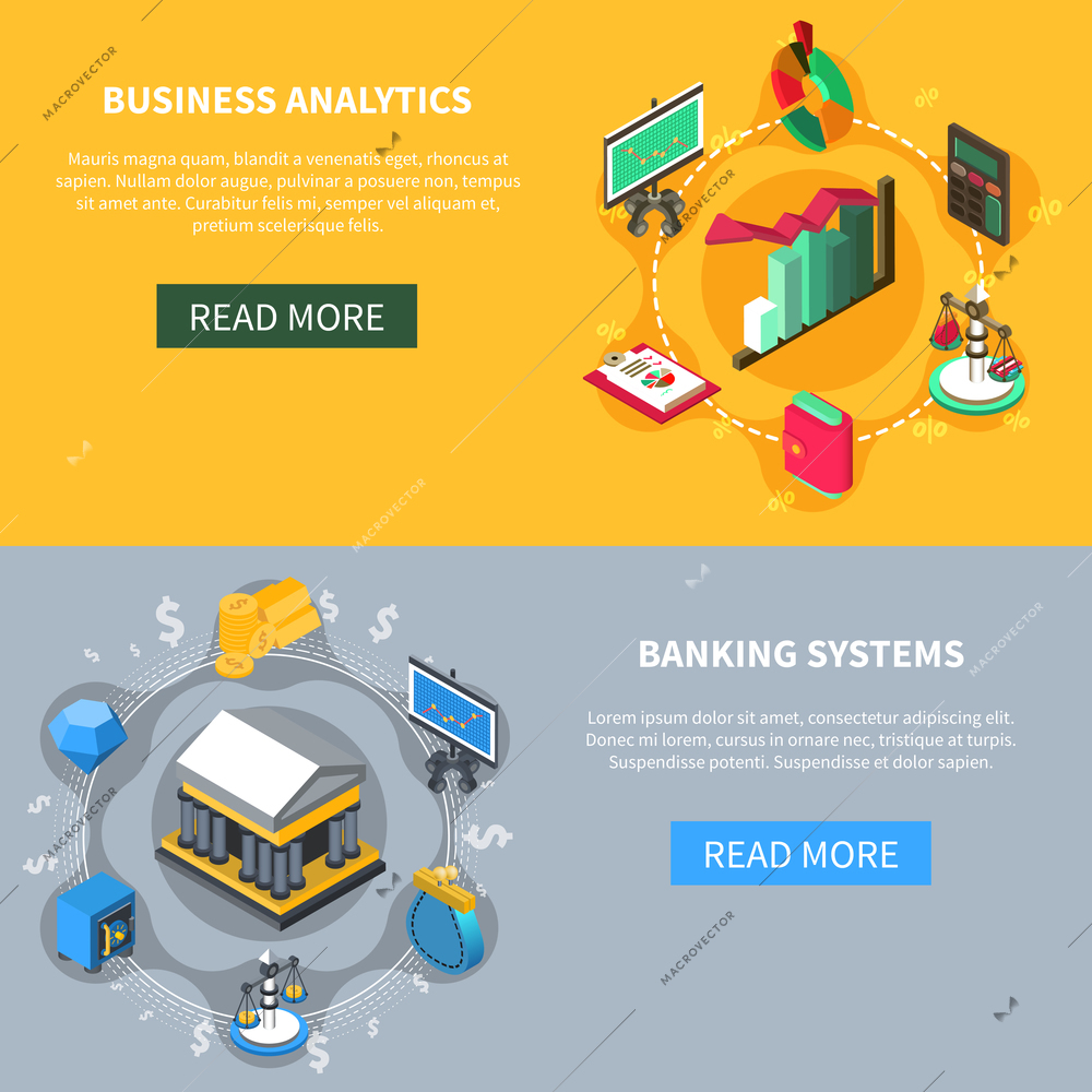 Business analytics and banking systems financial isometric icons banners set with diagrams money  scales symbols vector illustration