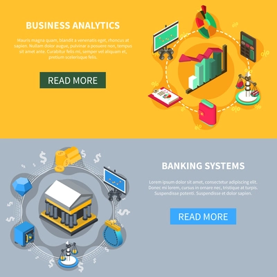 Business analytics and banking systems financial isometric icons banners set with diagrams money  scales symbols vector illustration