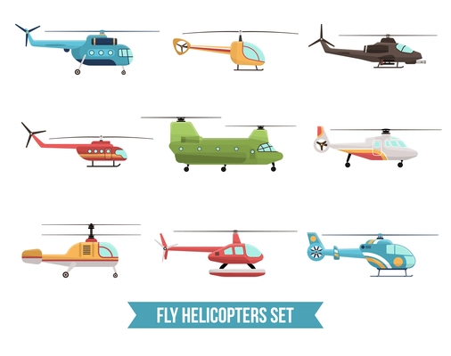 Flat set of different flying colorful helicopters isolated on white background vector illustration