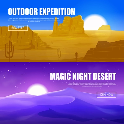 Horizontal banners of desert with canyon rocks and cactus and beautiful magic night in dune vector illustration