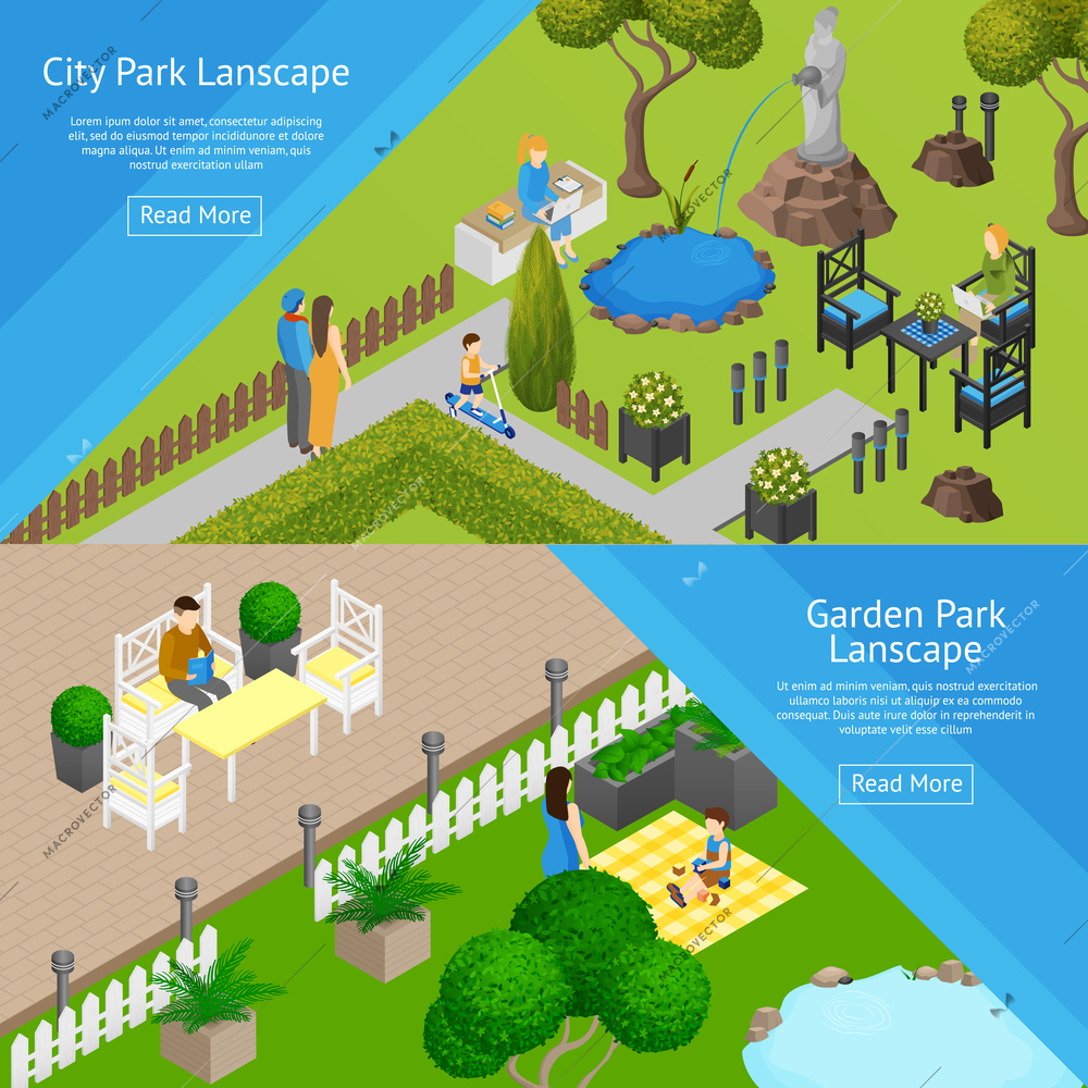 Horizontal banners of public relaxation place city and garden parks landscapes isometric vector illustration