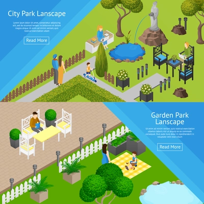 Horizontal banners of public relaxation place city and garden parks landscapes isometric vector illustration