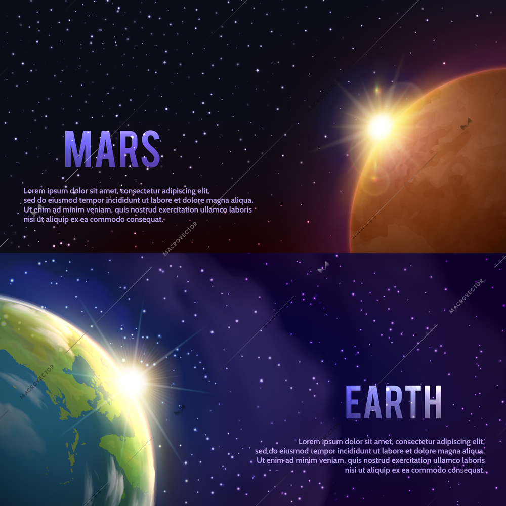 Solar system horizontal realistic banners set with Mars and Earth isolated vector illustration