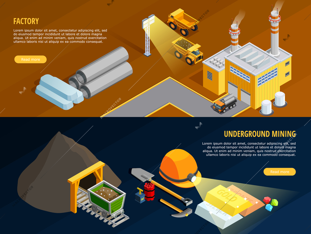 Mining horizontal banners set with underground mining symbols isometric isolated vector illustration