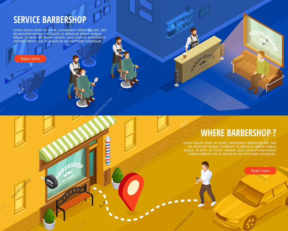 Barbershop isometric horizontal banners set with service symbols isolated vector illustration