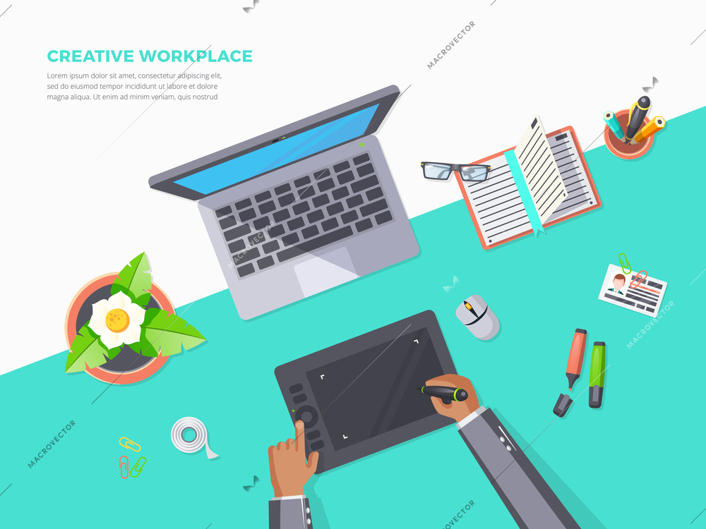 Flat poster of top view creative workplace office with notebook graphics tablet plant and stationery vector illustration