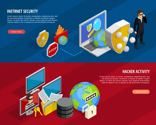 Data protection horizontal banners set with hacker activity symbols isometric isolated vector illustration