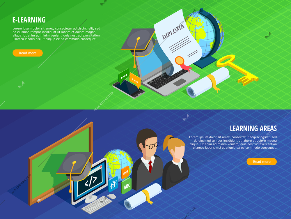 E-learning isometric horizontal banners set with learning areas symbols isolated vector illustration