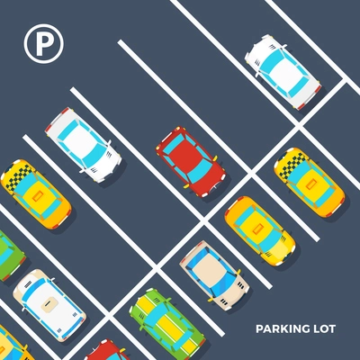 City element top view poster of parking lot with different cars including taxi flat vector illustration