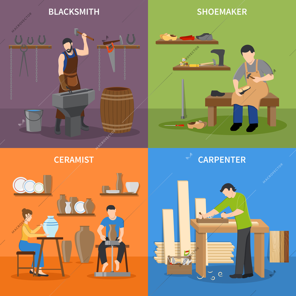 Colorful craftsman flat 2x2 icons set with blacksmith shoemaker ceramist and carpenter at work isolated vector illustration