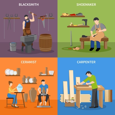 Colorful craftsman flat 2x2 icons set with blacksmith shoemaker ceramist and carpenter at work isolated vector illustration