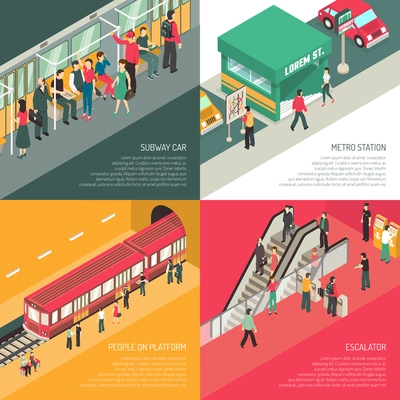 Underground metro subway station concept 4 isometric icons square with passengers on escalator and platform isolated vector illustration