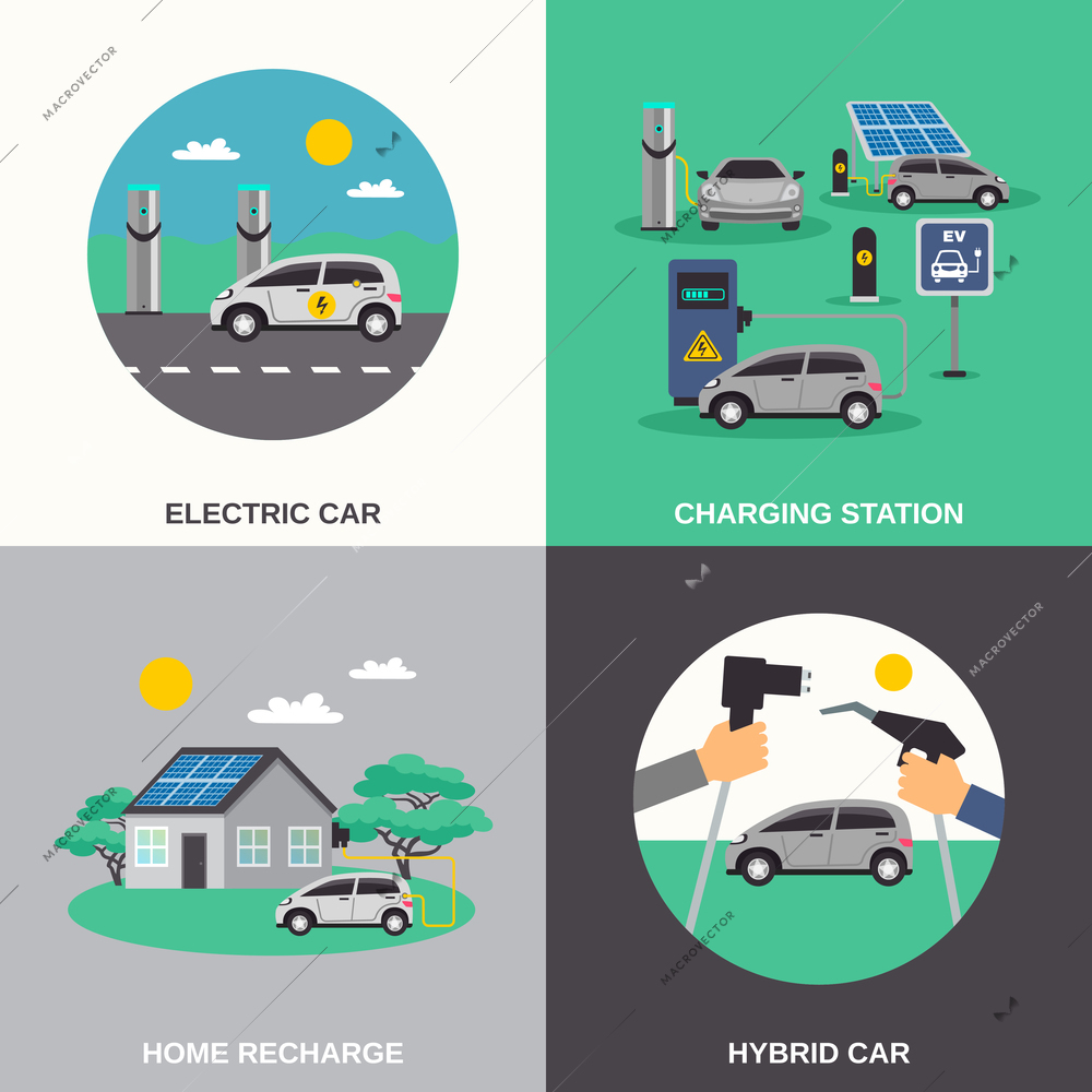 Electric hybrid cars charging stations and home recharge points 4 flat icons composition poster isolated vector illustration