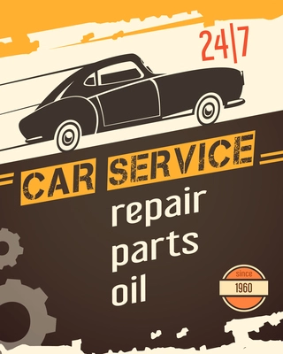 Original vintage auto service garage poster for sale with retro car black silhouette abstract vector illustration