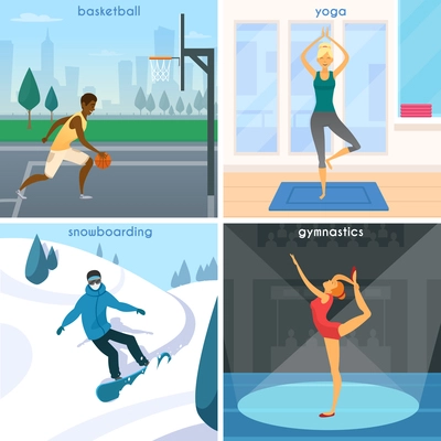 People in sport 2x2 design concept set of basketball yoga snowboarding and gymnastics flat compositions vector illustration