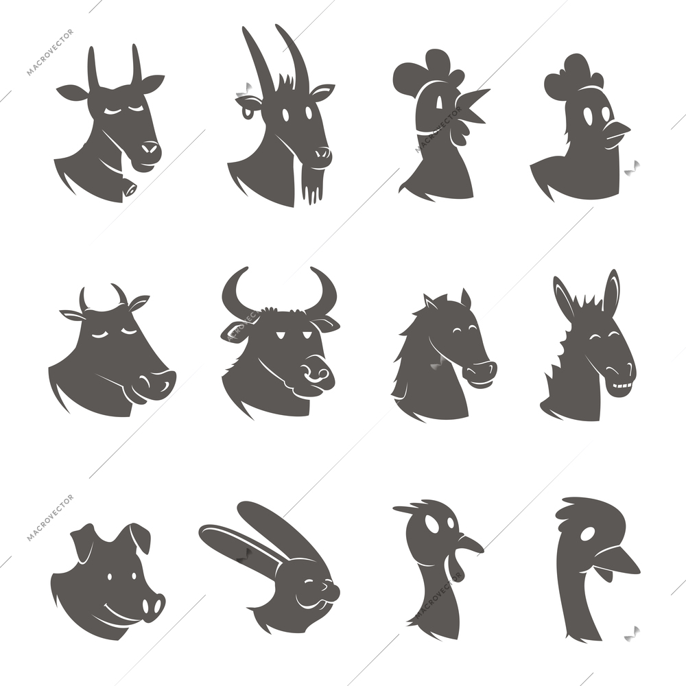 Farm male and animals heads black icons set with rooster hen mare stallion abstract isolated vector illustration