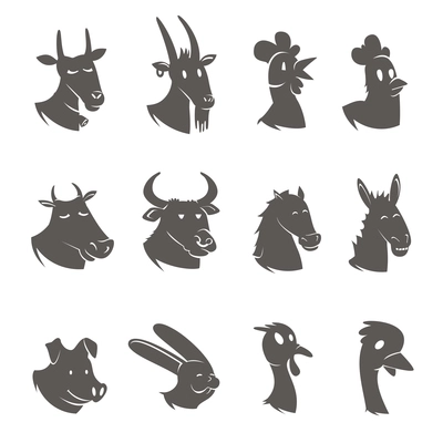 Farm male and animals heads black icons set with rooster hen mare stallion abstract isolated vector illustration