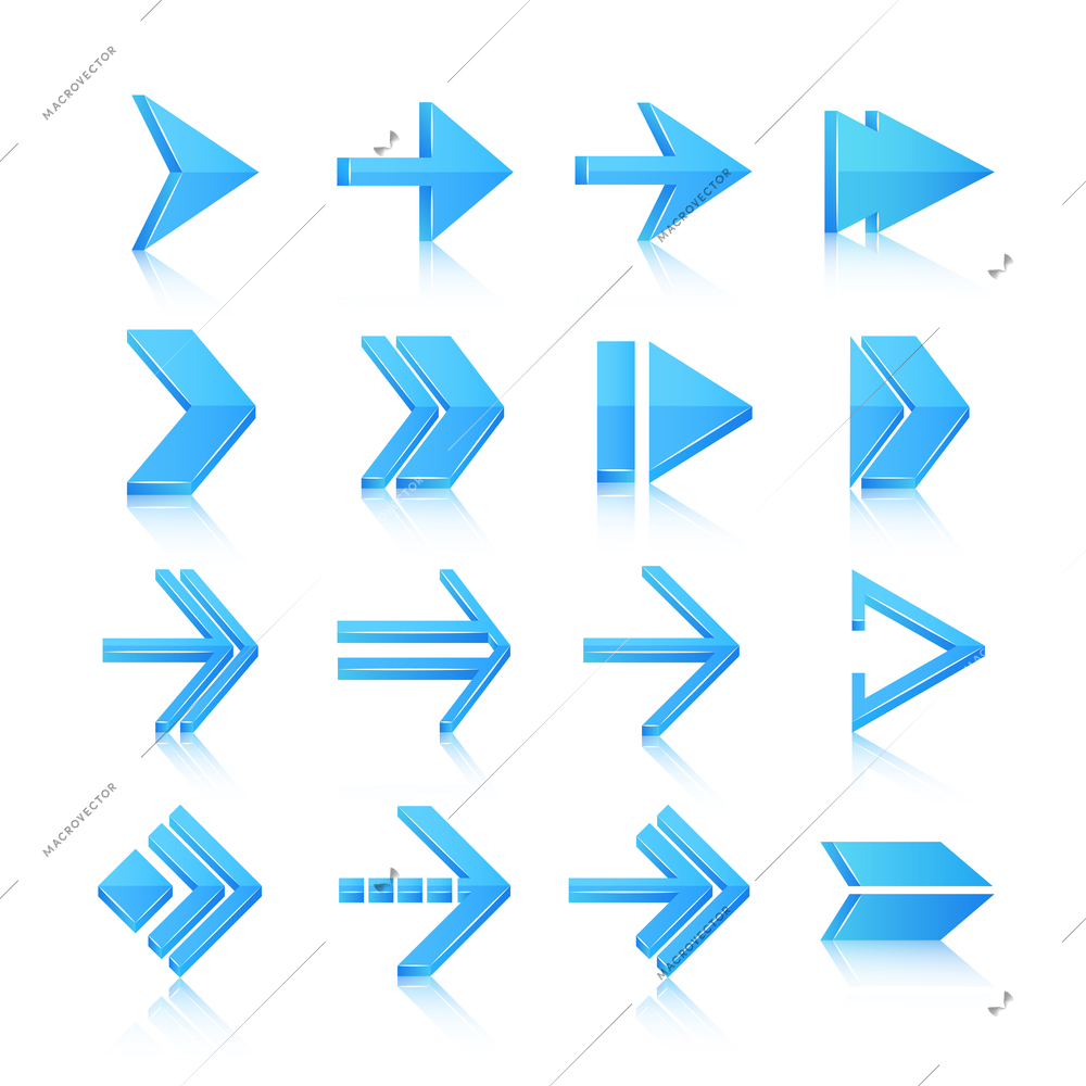 Blue arrows symbols pictograms icons, set isolated vector illustration