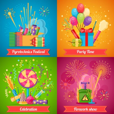 Colorful pyrotechnics festival flat 2x2 icons set with various crackers balloons and decorations for party and firework show isolated vector illustration