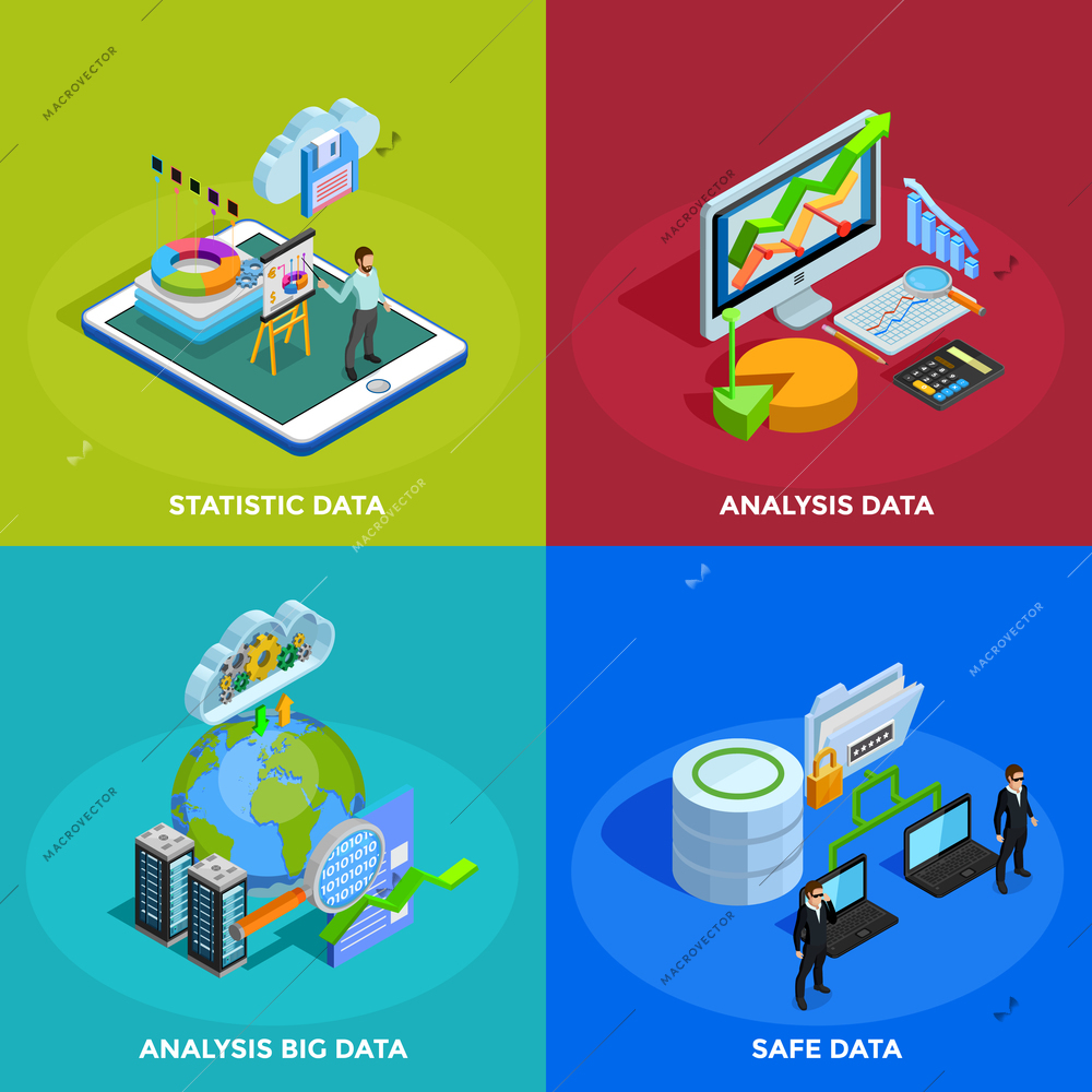 Big data collecting safe storage and analytic analysis for business efficiency 4 isometric icons square isolated vector illustration