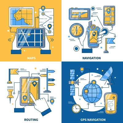 Navigation 2x2 design concept with global positioning system and maps app for smartphone and mobile flat vector illustration