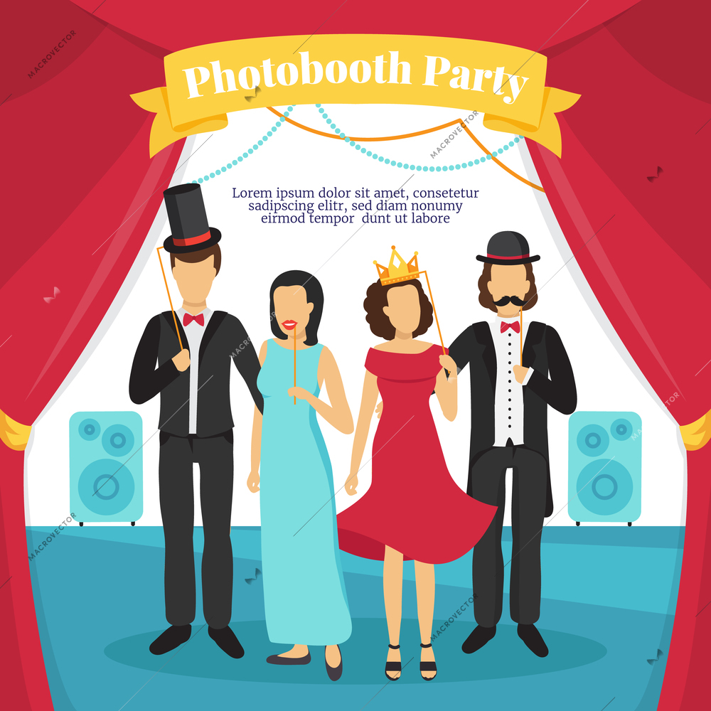 Photo booth party with people stage music and curtains flat vector illustration