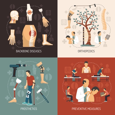 Orthopedics 2x2 design concept with information about backbone diseases  prosthesis set and preventive measures flat vector illustration