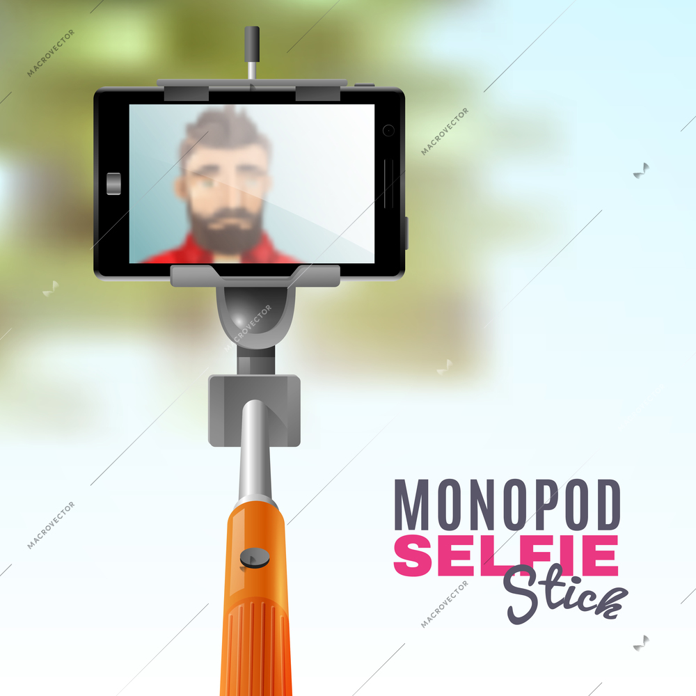 Man taking selfie on mobile phone with monopod stick cartoon vector illustration