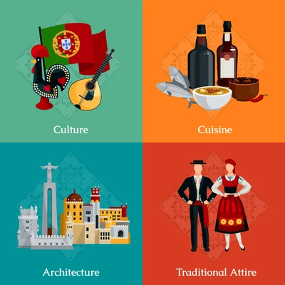 Bright 2x2 flat icons set with traditional portugal attire cuisine culture and architecture on colorful background isolated vector illustration