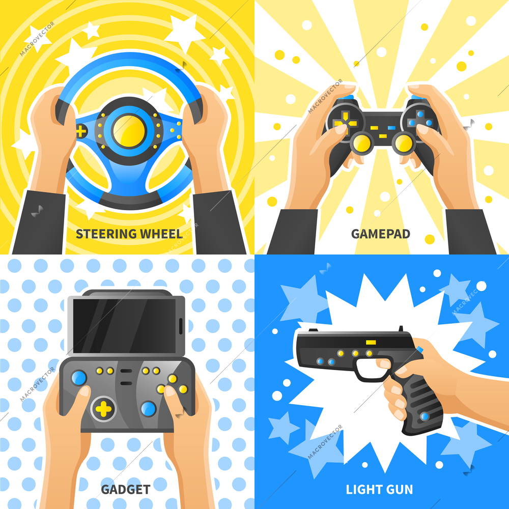 Game gadget 2x2 design concept with people hands holding steering, wheel light gun gamepad flat vector illustration