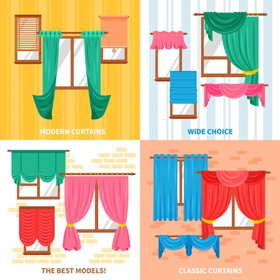 Curtains for windows 2x2 design concept set with wide choice of classic and modern models flat vector illustration
