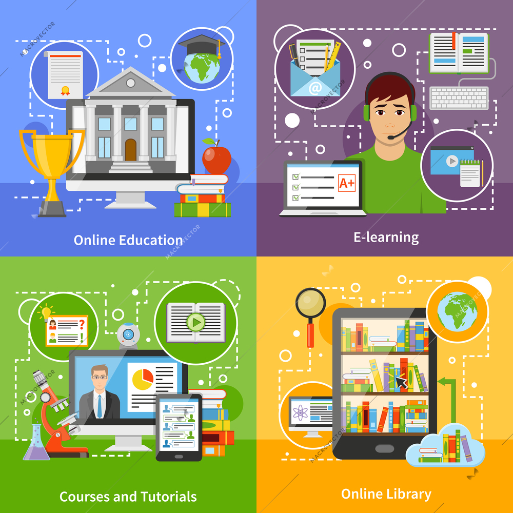 Online education for university degree diploma 4 flat icons square with courses and tutorials isolated vector illustration