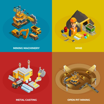 Mining concept icons set with machinery symbols isometric isolated vector illustration