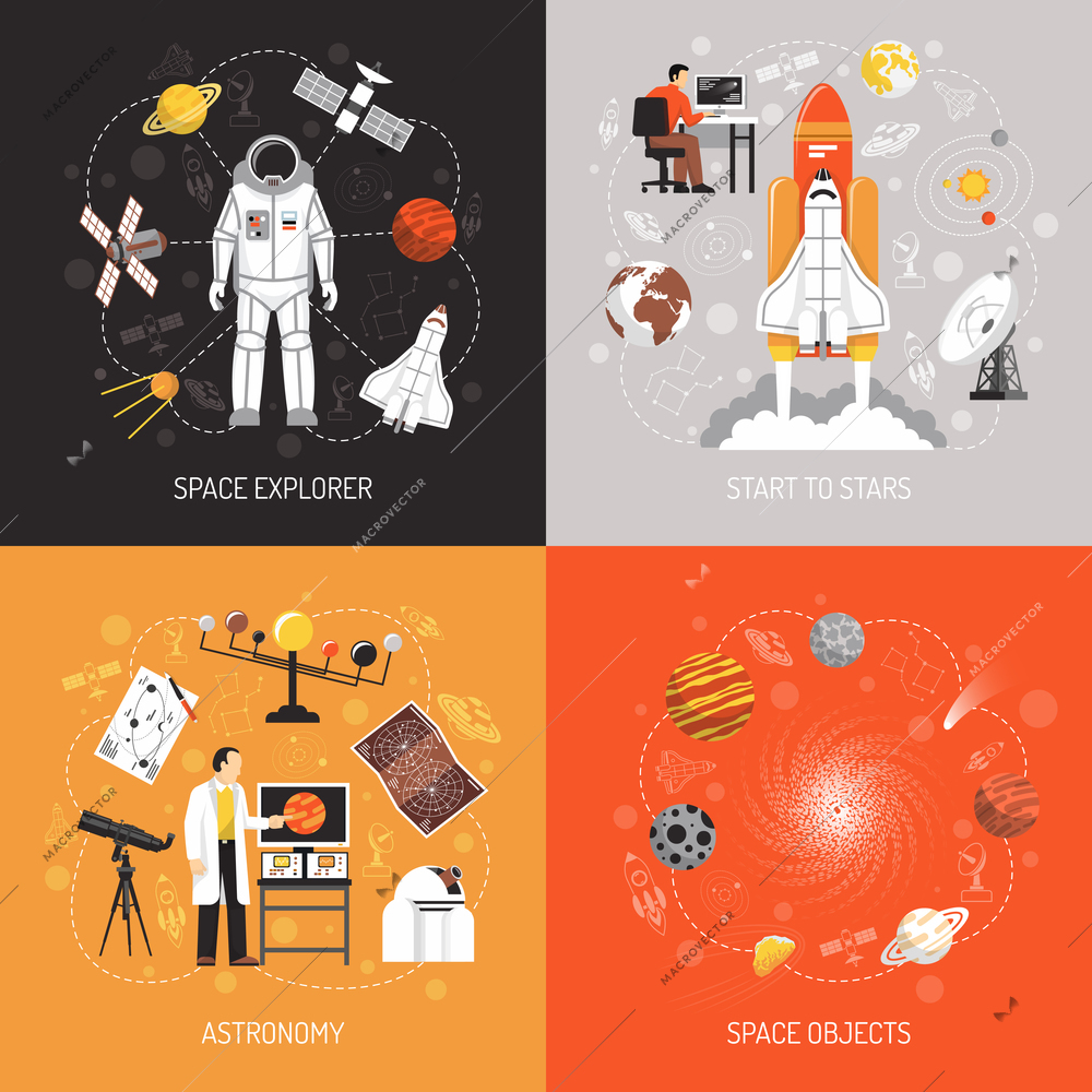 Astronomy 2x2 design concept with cosmonaut spacesuit space explorer elements and space objects images flat vector illustration