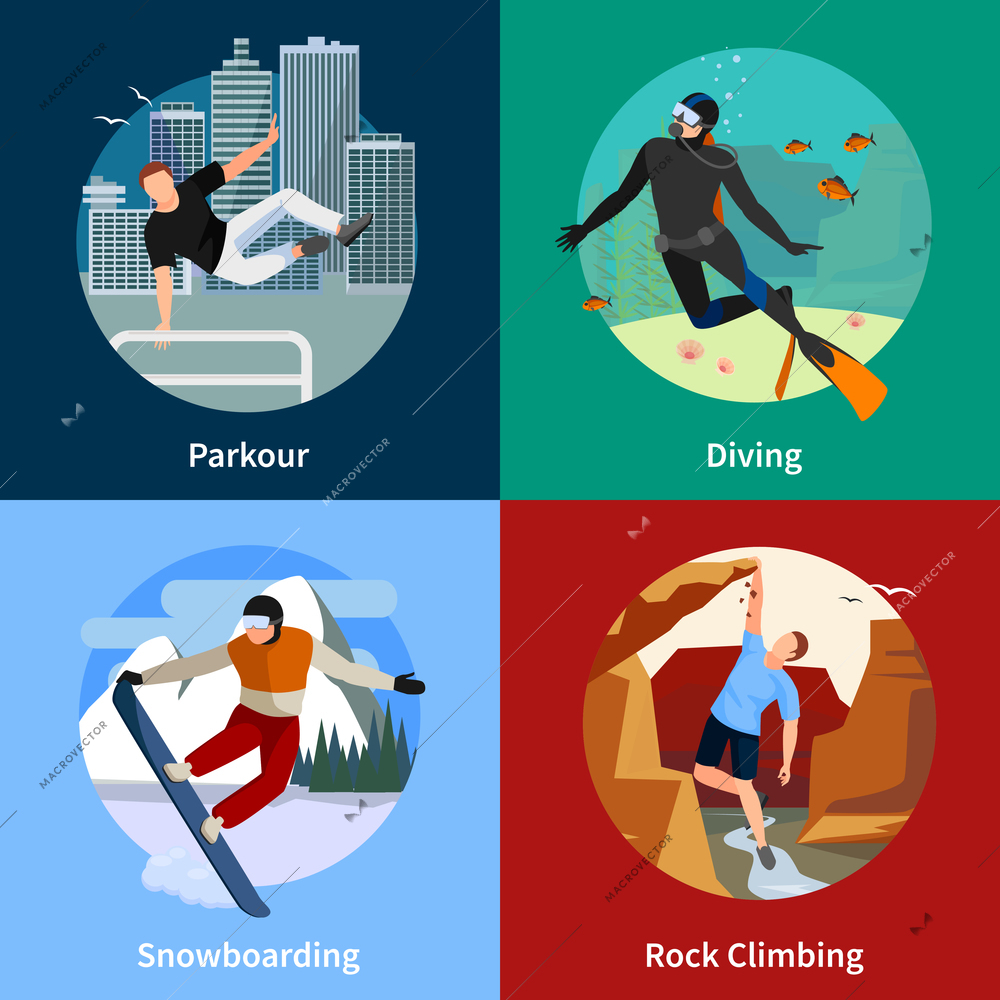 Colorful extreme sports people 2x2 icons set with parkour diving snowboarding and rock climbing isolated vector illustration