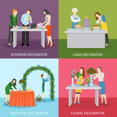 Professional home interior decoration with floral compositions and wedding cake 4 flat icons square isolated vector illustration