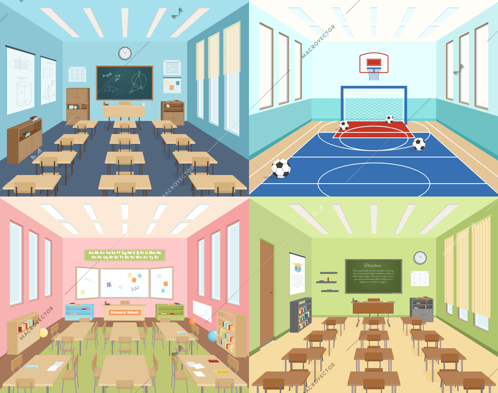 Isometric school 2x2 compositions presenting different classrooms for maths art and literature and sportroom vector illustration