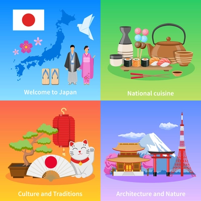 Japanese culture traditions landmarks and national cuisine for travelers 4 flat icons composition poster isolated vector illustration