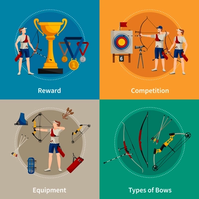 Colorful archery flat 2x2 icons set with archers rewards types of bows and equipment isolated vector illustration