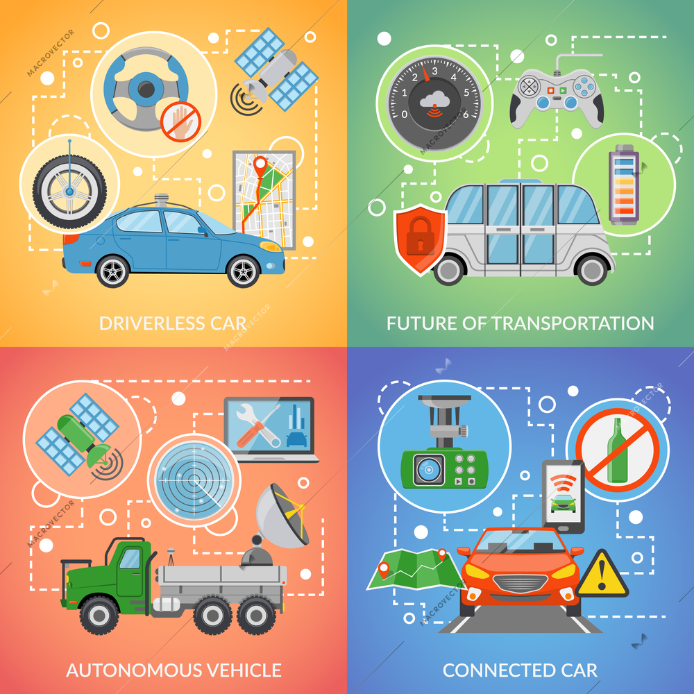 Flat design future of transportation driverless car autonomous vehicle isolated 2x2 icons set vector illustration