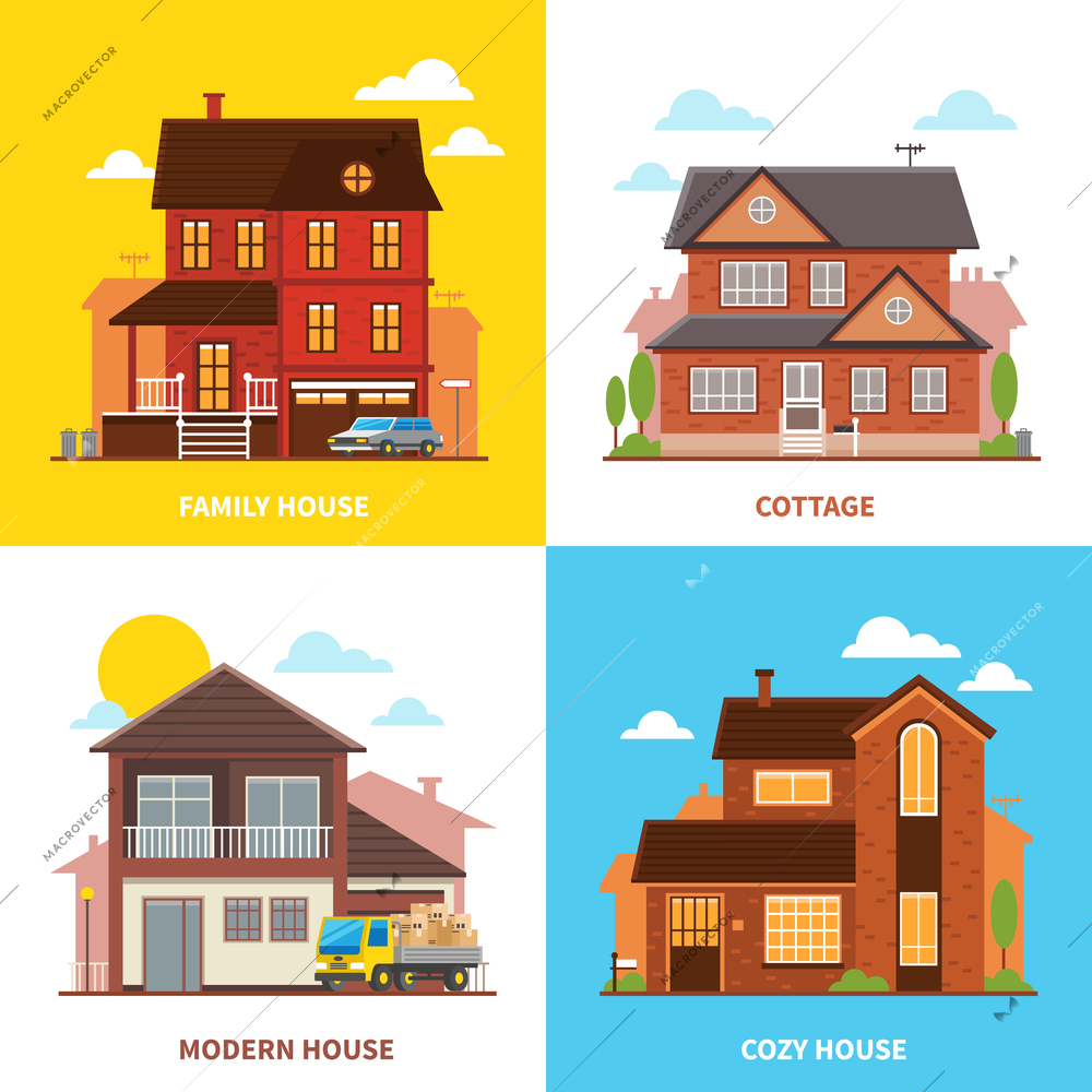 Cottage buildings 2x2 design concept set of modern cozy family houses flat vector illustration